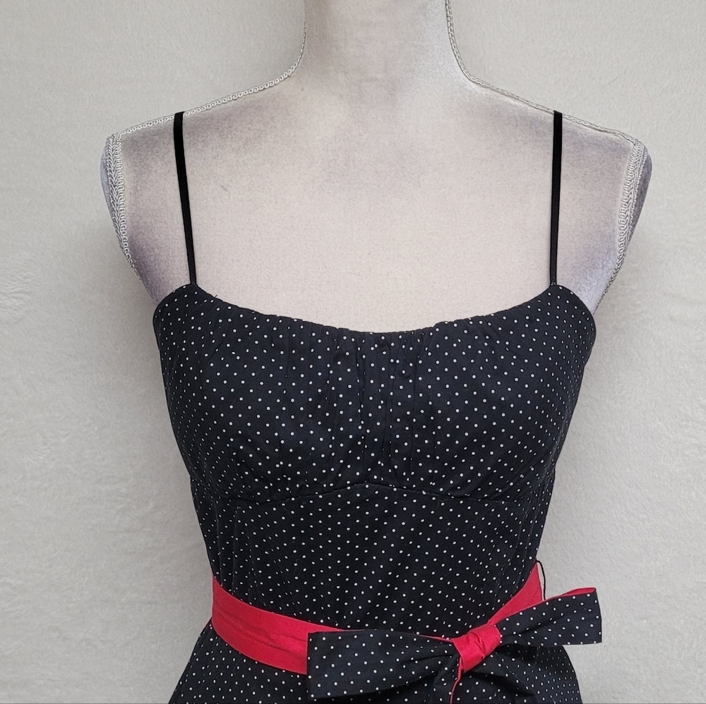 90s Vintage Ruby Rox Black Red Polka-dot Tie-Waist Tulle Fit & Flare Midi Dress - Picture 5 of 14